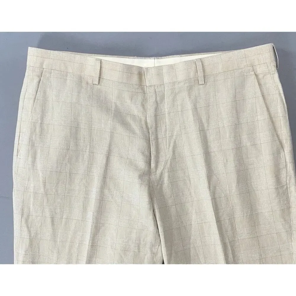 J Crew Ludlow Flat Front Baird McNutt Irish Linen Blend Pants. Ivory Plaid 35X30